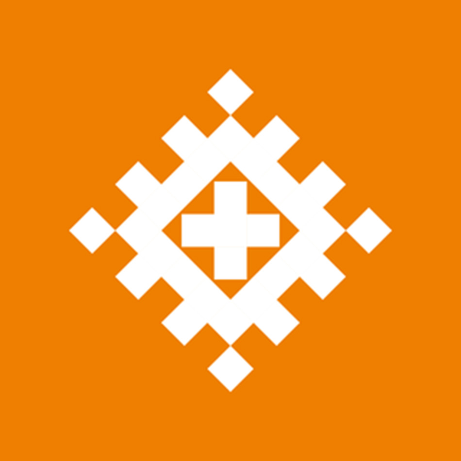 Kulturelles weißes Symbol auf orangefarbenem Hintergrund.